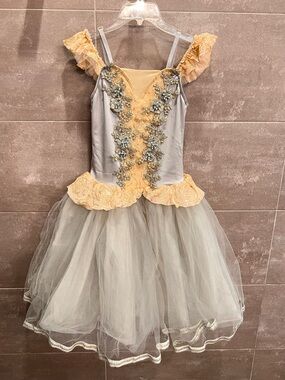 Weissman Buff and Light Gray Floral Applique Tulle Dance Costume